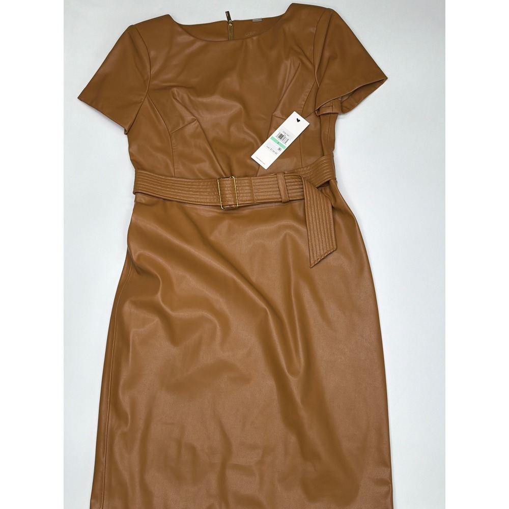 Calvin Klein Womens Faux Leather Belted Sheath‎ Dress Cognac Brown Size 8 - Picture 3 of 13